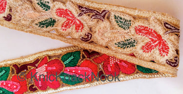 Wholesale Red, Green and Gold Hand Embroidered Cutwork Floral Trim In Seed Beads, Bugle Beads & Crystal Wedding Sari Bridal Decorative